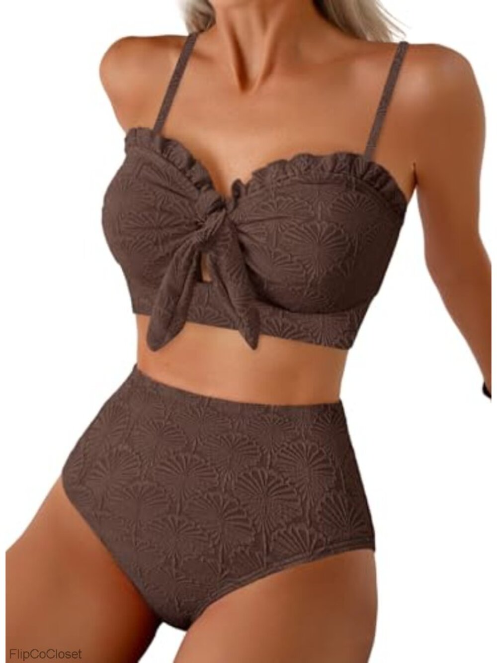 Seashell Textured Bikini Set, Knotted Front, Ruffle Trim, High Waist, Removable